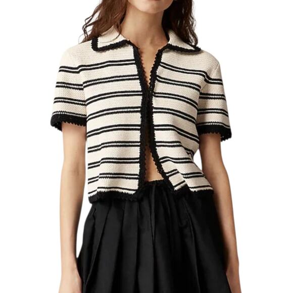 J. Crew Crochet Short Sleeve Cardigan Stripe Black Cream Crop Short Sleeve Small - Picture 1 of 9